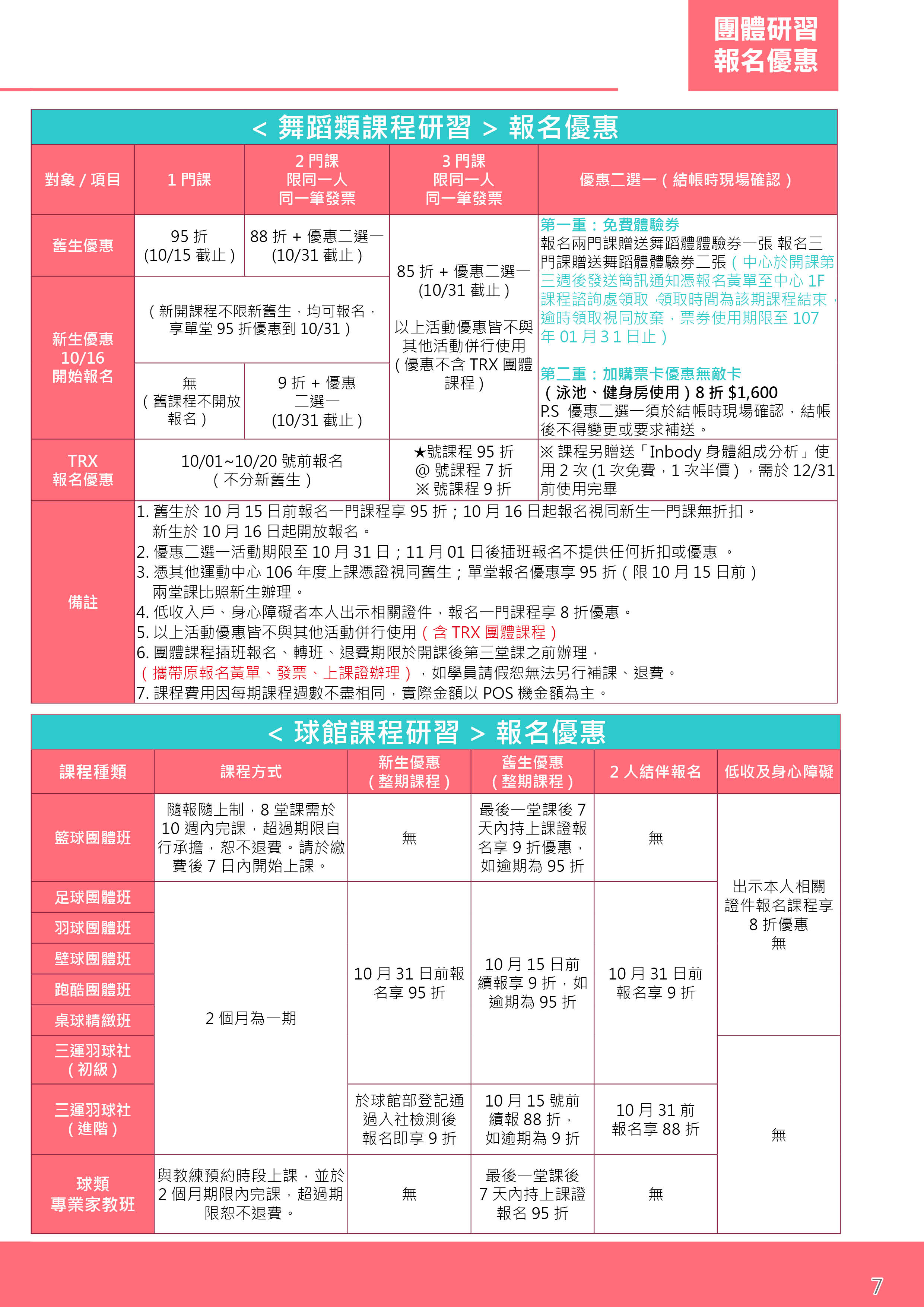三重國民運動中心 9-10月份 團體研習報名優惠